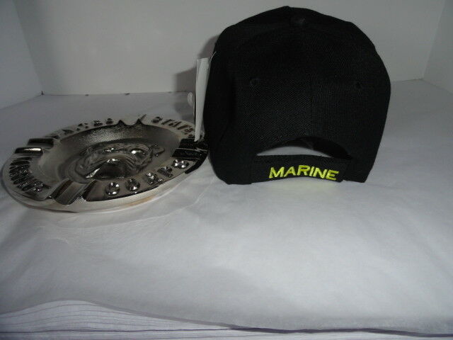USMC Bulldog Ashtray & Marine Black Embroidered Baseball Cap Combo