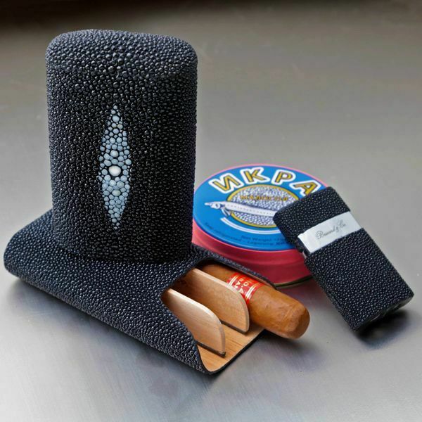 Brizard  "Show Band" 3 Cigar Case, Cutter and Lighter Combo - Stingray Black USA