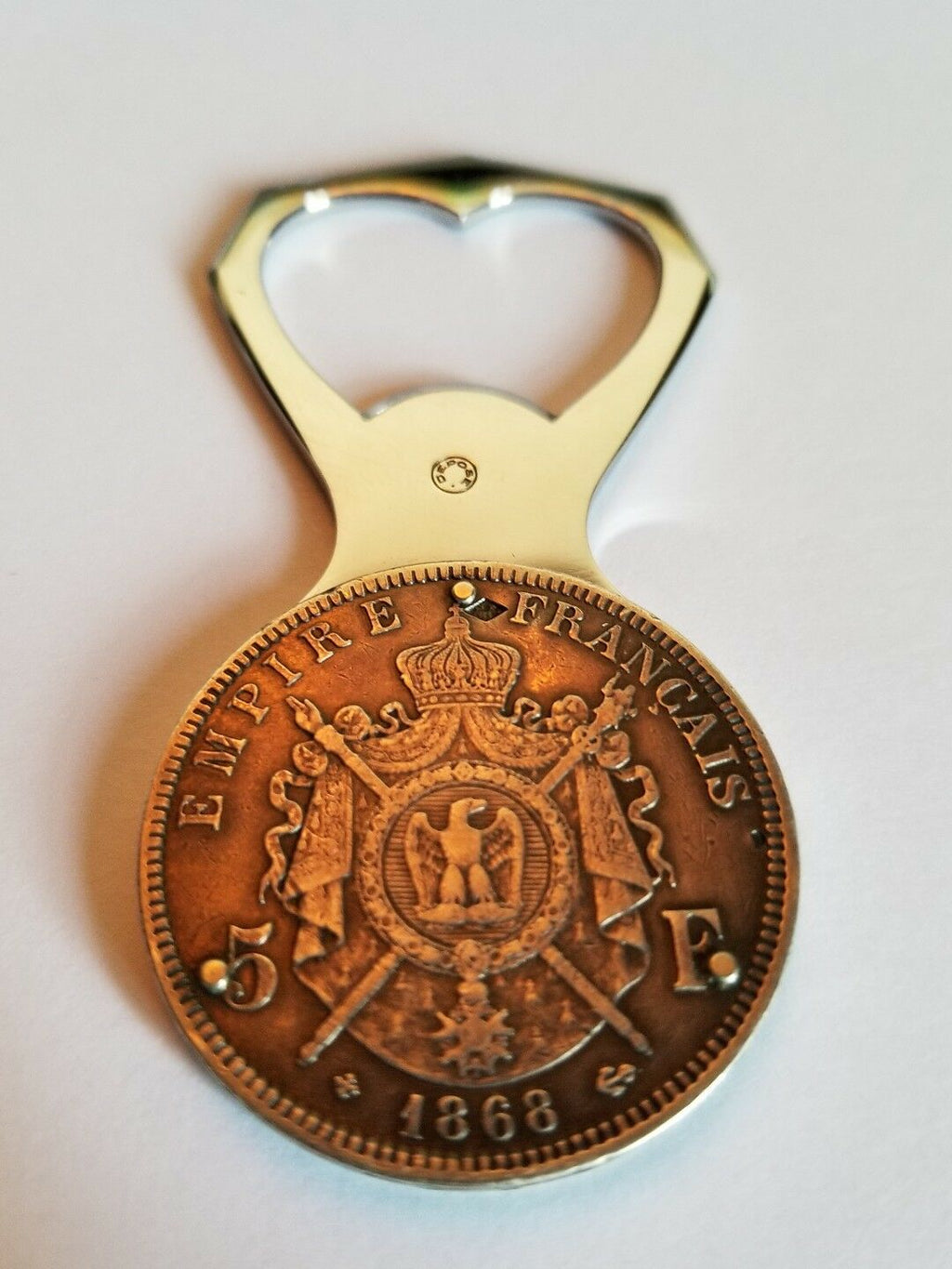 VINTAGE ELOI PERNET FRANCE 5 FRANCS 1868 NAPOLÉON III SILVER COIN BOTTLE OPENER