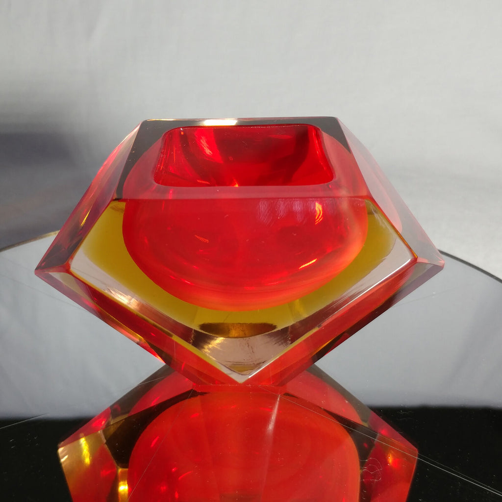 Sommerso Murano | Flavio Poli Yellow & Red Faceted Glass Ashtray | Italy 1950s