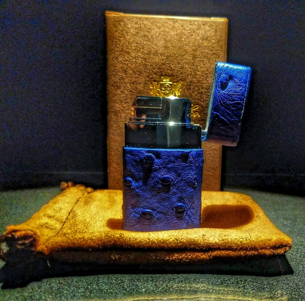 Brizard and Co Blue Ostrich and Grey Leather  Case, Cutter and Lighter Combo