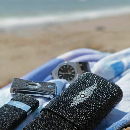 Brizard  "Show Band" 3 Cigar Case, Cutter and Lighter Combo - Stingray Black USA