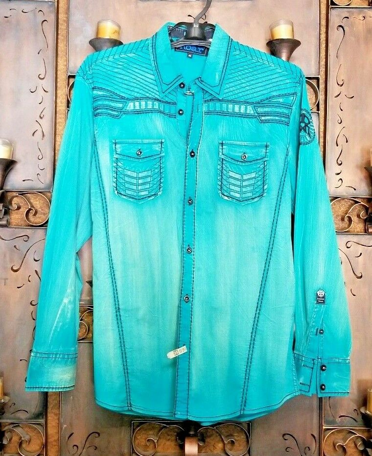 Roar Teal Signature Long  Sleeve Button Up Shirt Size Medium