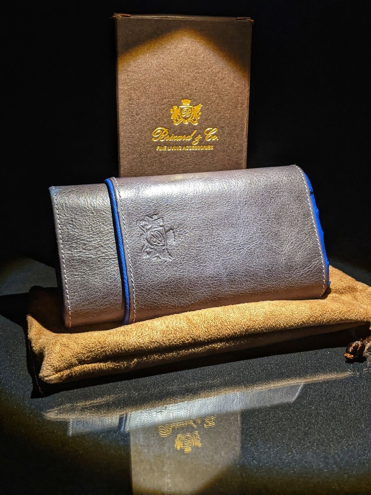 Brizard and Co Blue Ostrich and Grey Leather  Case, Cutter and Lighter Combo