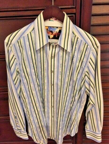 Robert Graham Striped Floral Embroidered Long Sleeve Shirt Size Medium