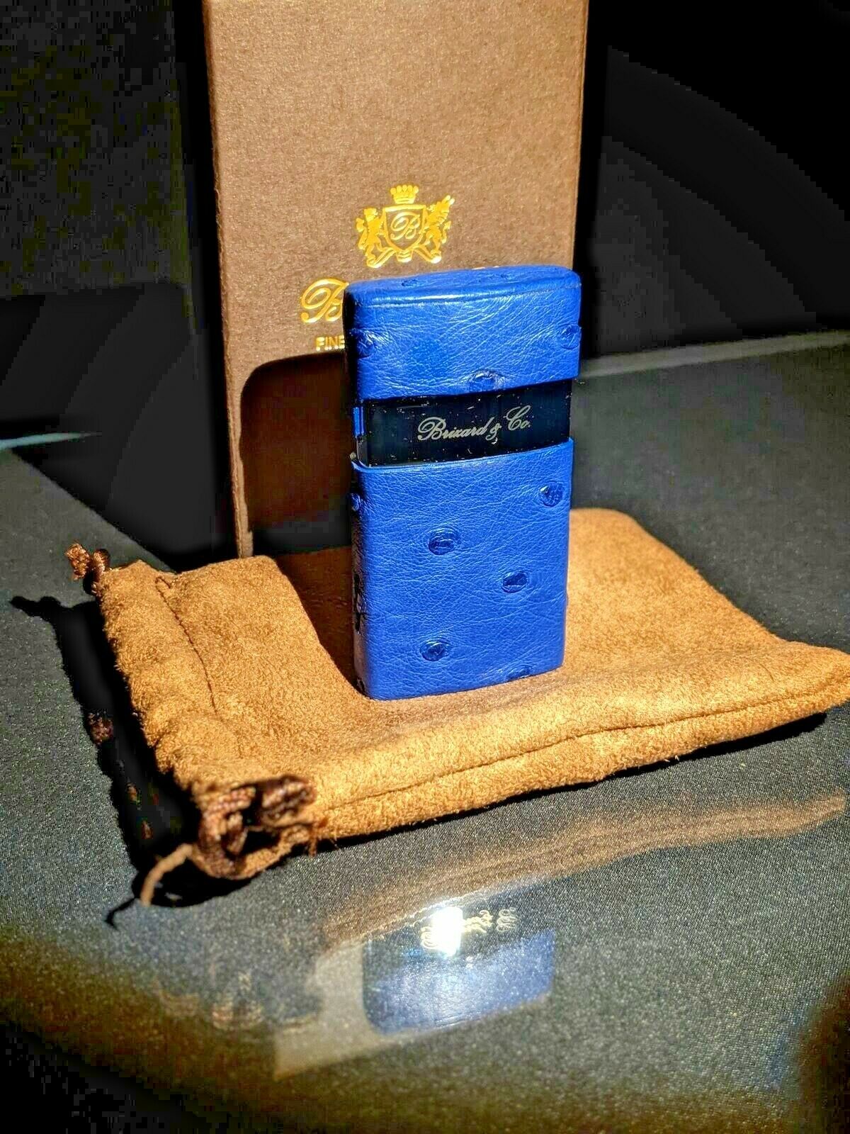 Brizard and Co Blue Ostrich and Grey Leather  Case, Cutter and Lighter Combo