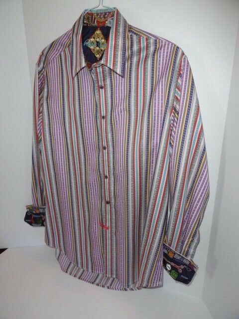 Robert Graham Lavender Multicolor Satin Stripe Shirt — Medium