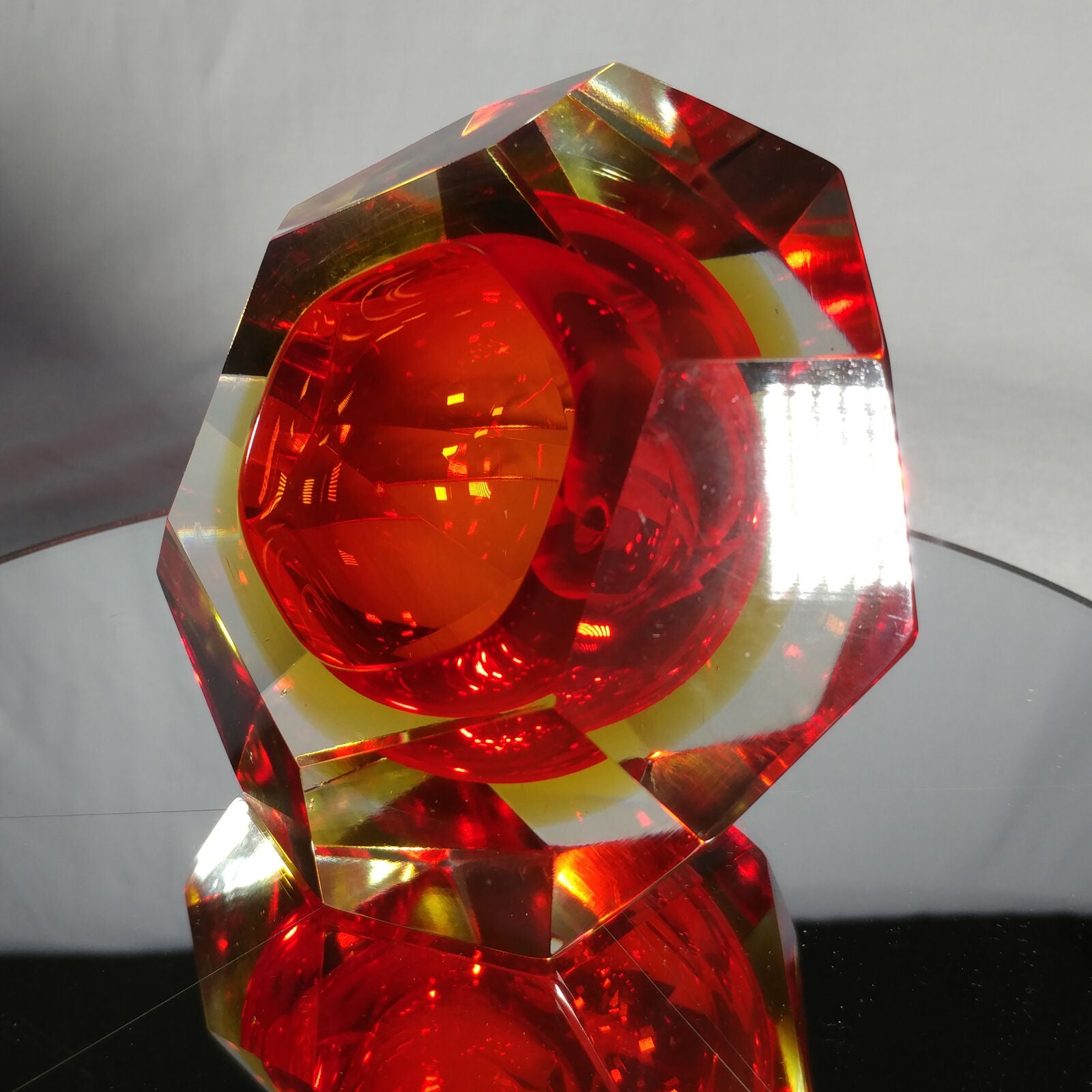 Sommerso Murano | Flavio Poli Yellow & Red Faceted Glass Ashtray | Italy 1950s