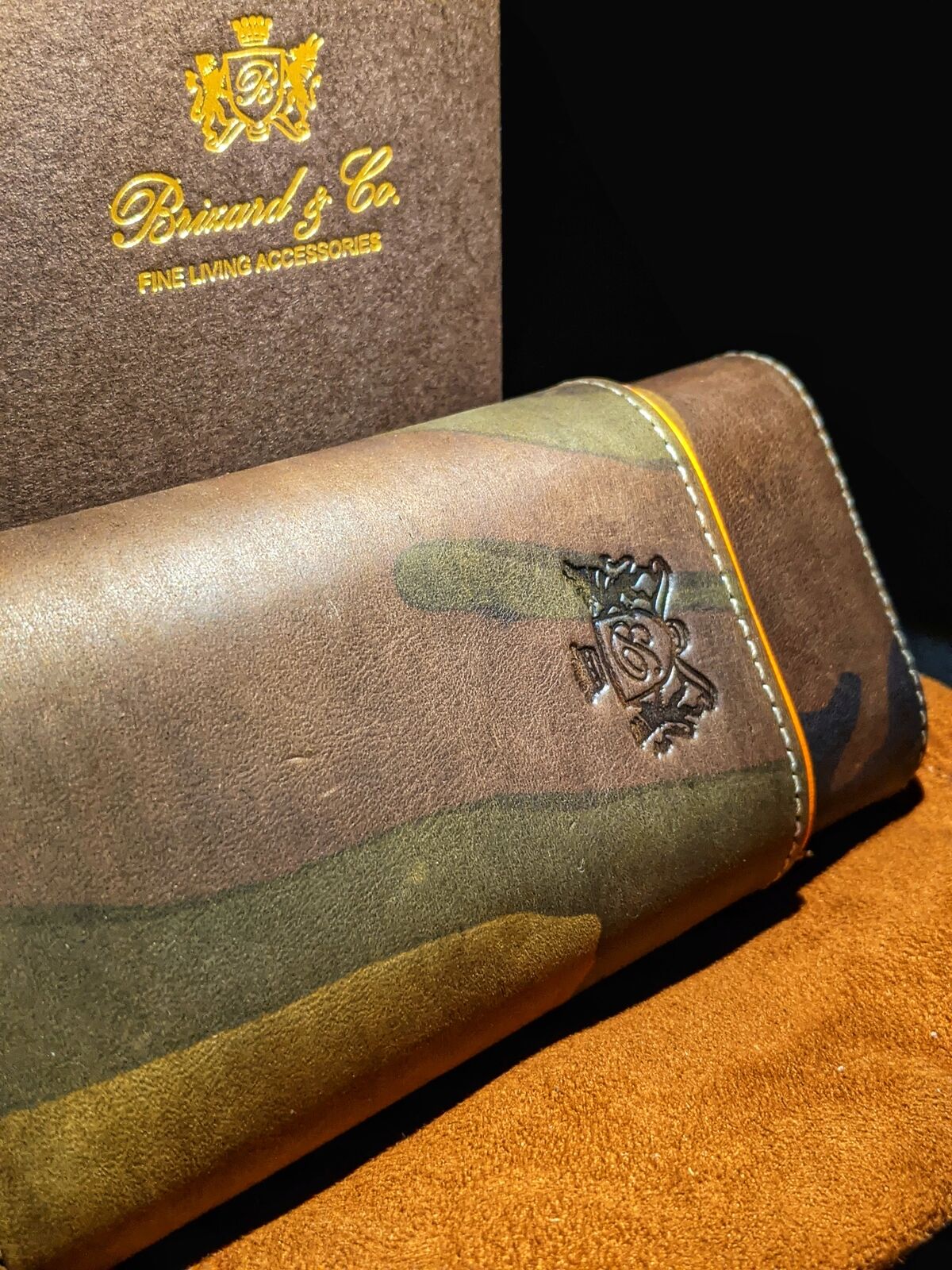 Brizard and Co Camouflage and Orange Leather Carrying case, cutter and lighter