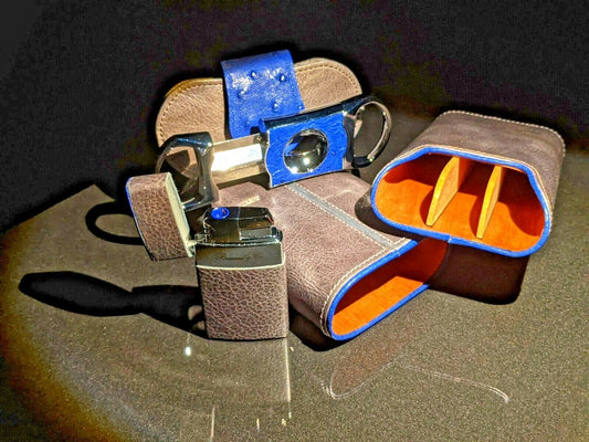 Brizard and Co Blue Ostrich and Grey Leather  Case, Cutter and Lighter Combo