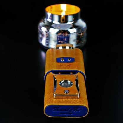 Brizard and Co - "Show Band" 3 Cigar Case - Blue Ostrich and Camel Color Leather