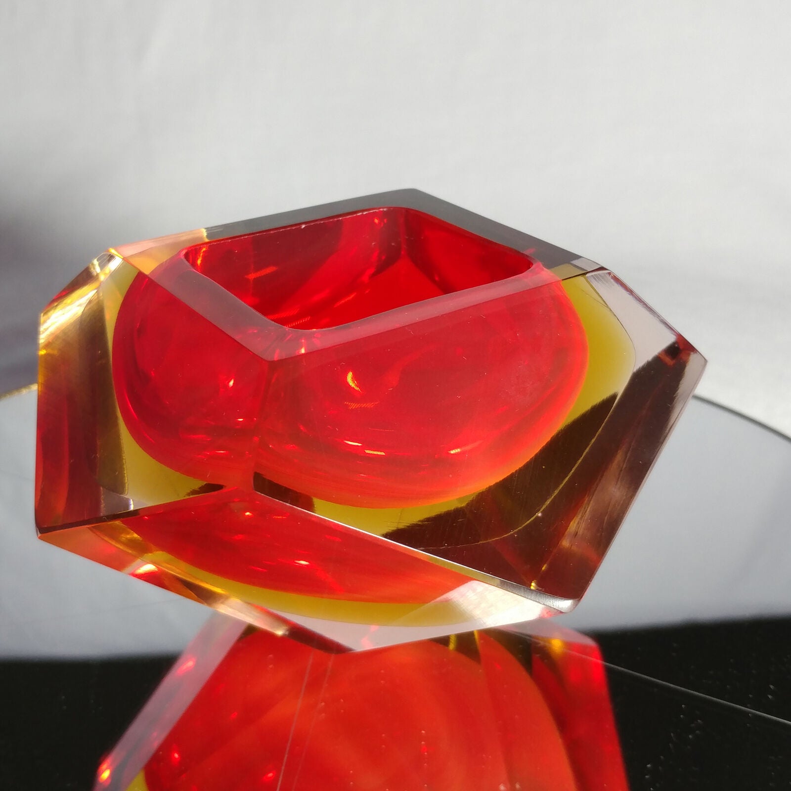 Sommerso Murano | Flavio Poli Yellow & Red Faceted Glass Ashtray | Italy 1950s