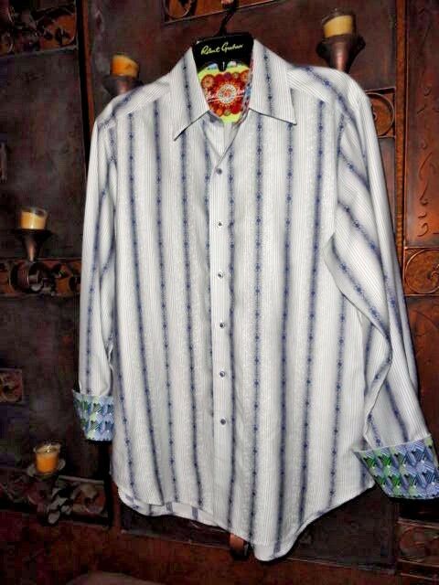 Robert Graham White Blue Embroidered Dot Stripe Shirt — Medium