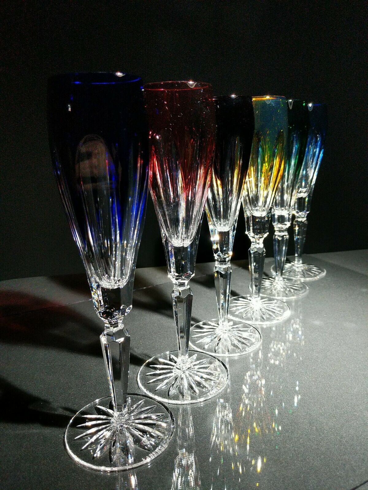Faberge Colored Crystal Flutes in the original presentation case.