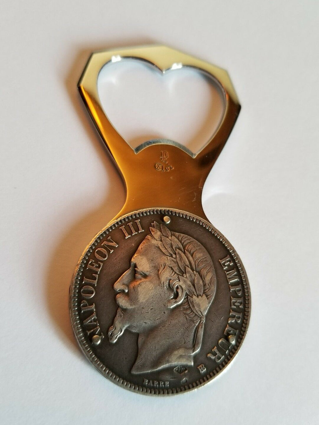 VINTAGE ELOI PERNET FRANCE 5 FRANCS 1868 NAPOLÉON III SILVER COIN BOTTLE OPENER
