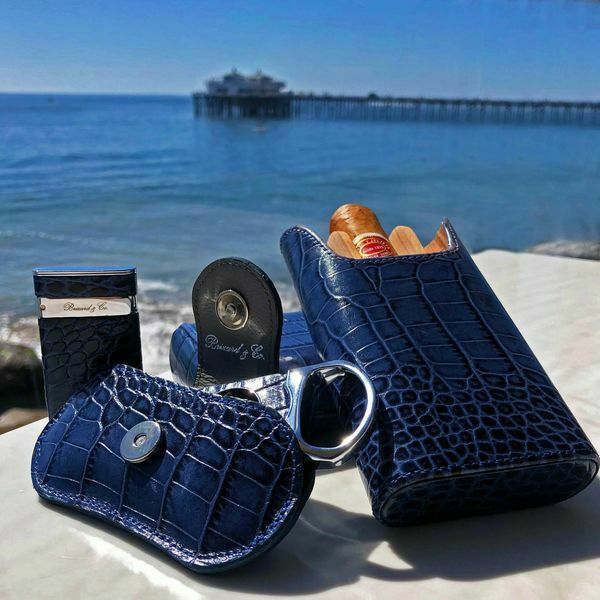 Brizard and Co - The "Show Band" 3 Cigar Case , cutter & Lighter- Indigo Croco