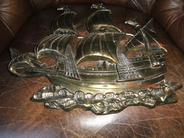 Brass Wall Plaque of Sailing Ship 15 " across by 13.25" H