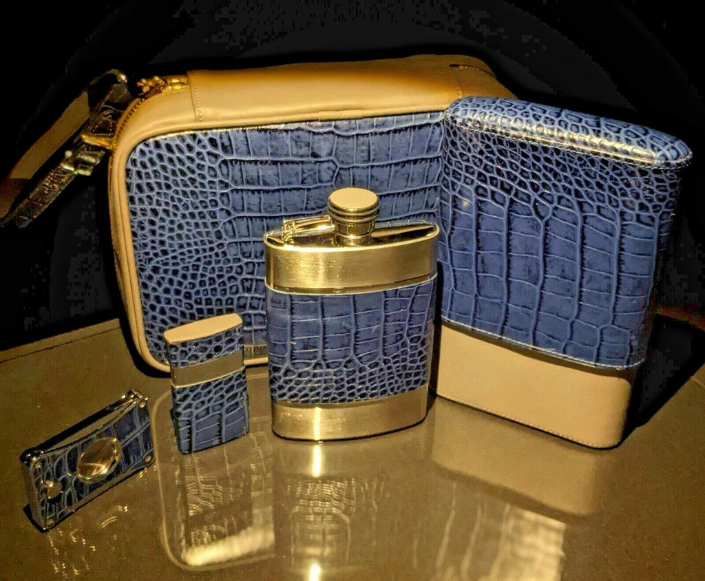Brizard and Co Indigo and grey Traveldor with flask , cutter and lighter