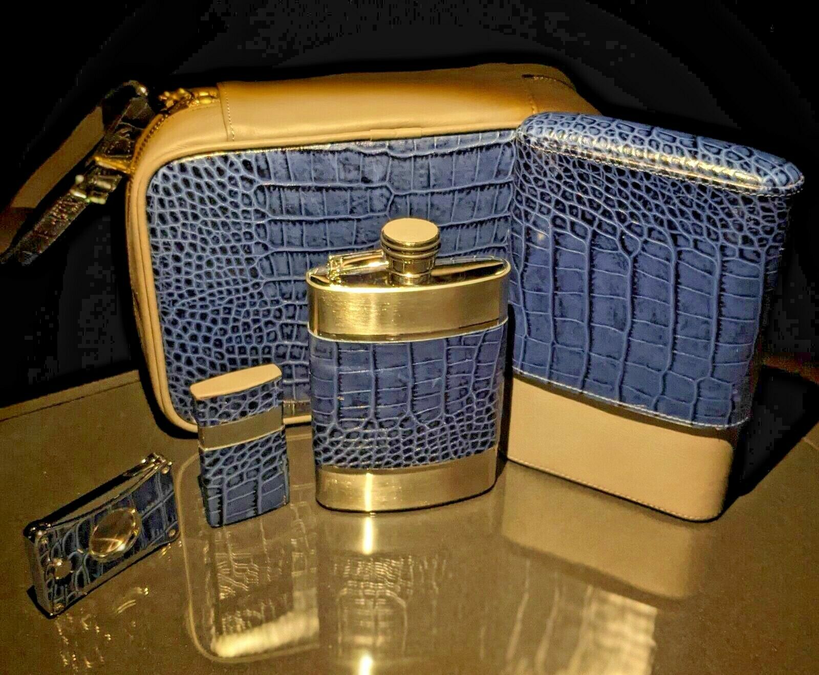 Brizard and Co Indigo and grey Traveldor with flask , cutter and lighter