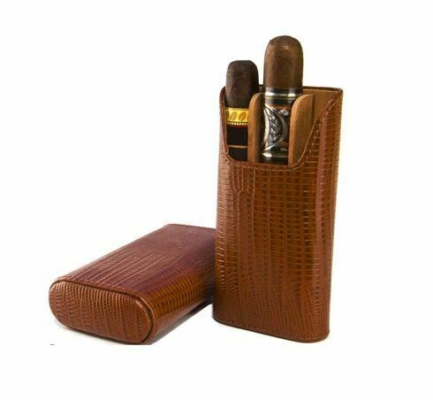 Brizard and Co. - The "Show Band" 3 Cigar Case - Lizard Pattern Havana