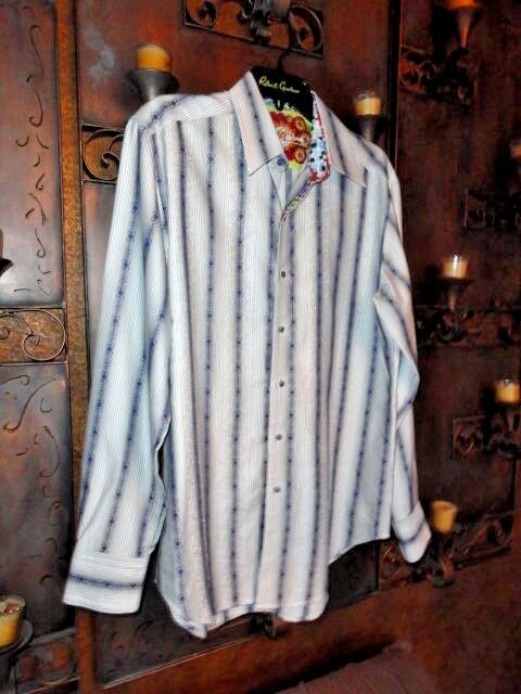 Robert Graham White Blue Embroidered Dot Stripe Shirt — Medium