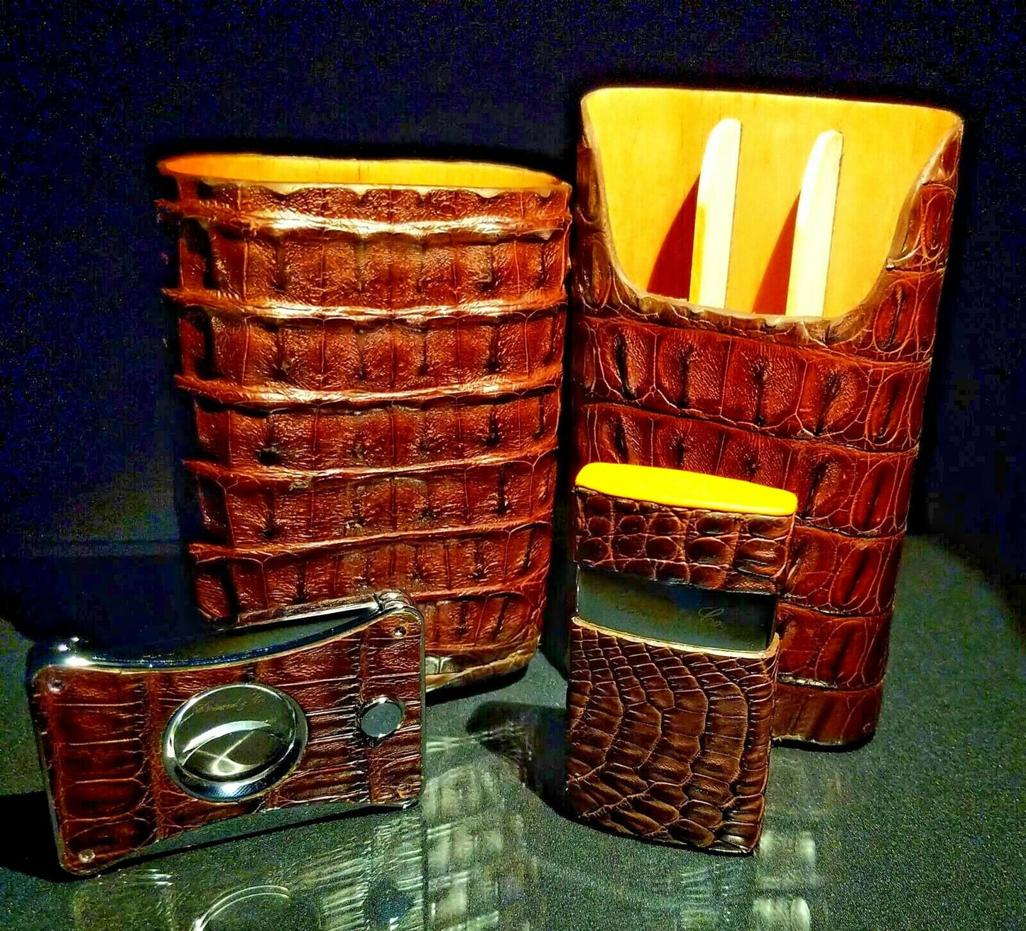 Brizard and Co Brown Croco Pattern  Case, Cutter and Lighter Combo