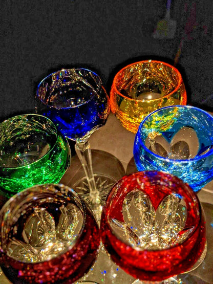 Faberge Colored Crystal Lausanne Hock Glasses. 8 1/2" H x 3 1/4" W