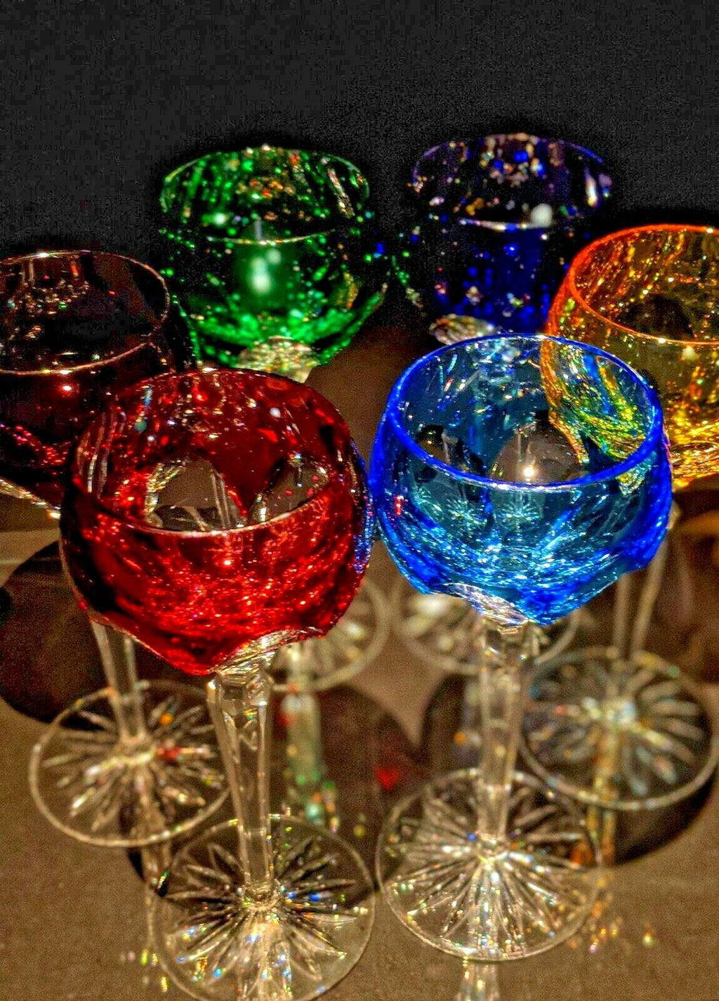 Faberge Colored Crystal Lausanne Hock Glasses. 8 1/2" H x 3 1/4" W