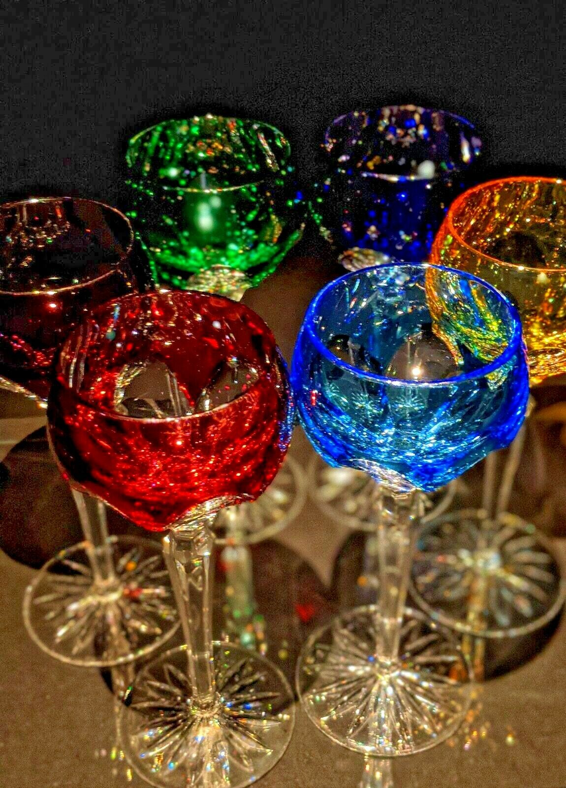 Faberge Colored Crystal Lausanne Hock Glasses. 8 1/2" H x 3 1/4" W