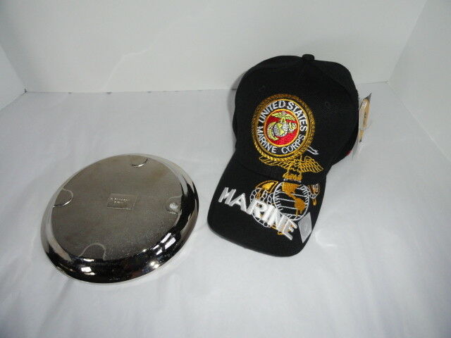 USMC Bulldog Ashtray & Marine Black Embroidered Baseball Cap Combo