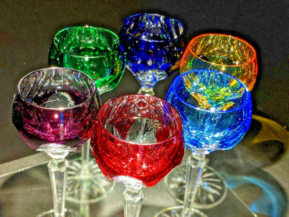 Faberge Colored Crystal Lausanne Hock Glasses. 8 1/2" H x 3 1/4" W