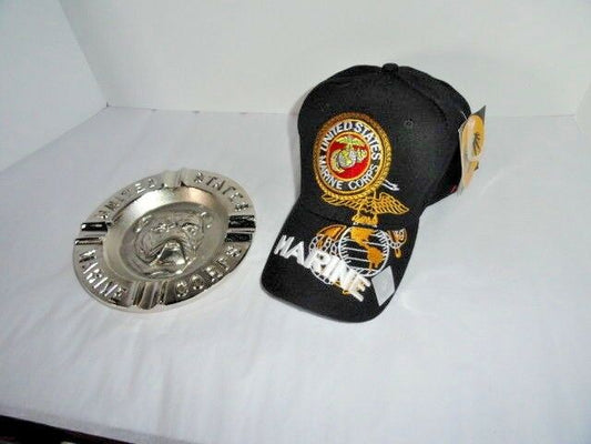 USMC Bulldog Ashtray & Marine Black Embroidered Baseball Cap Combo