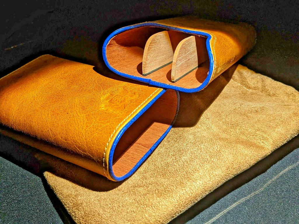 Brizard and Co Blue Ostrich & Camel Color Leather  Case, Cutter & Lighter Combo
