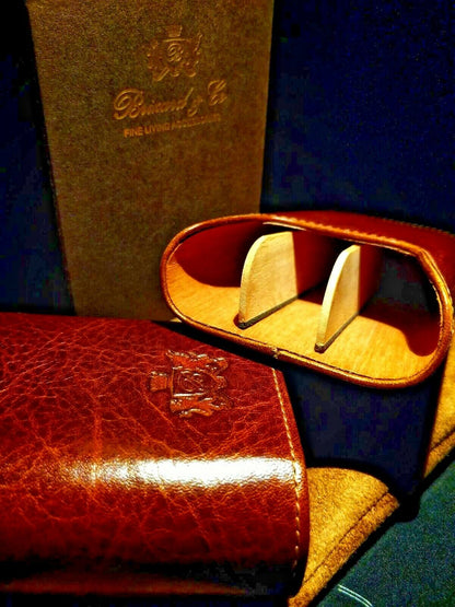 Brizard and Co Brown Antique Saddle Leather Valet Tray , cigar case and cutter