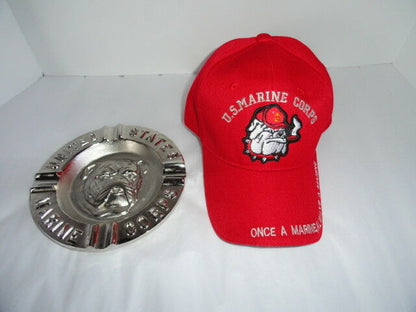 USMC Bulldog Embroidered Baseball Cap & USMC Bulldog Ashtray