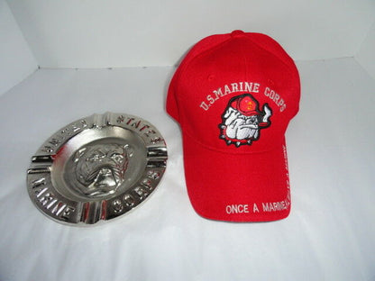 USMC Bulldog Embroidered Baseball Cap & USMC Bulldog Ashtray