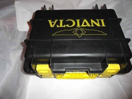 Invicta watch carrying case in grey with yellow handles holds 8 watches