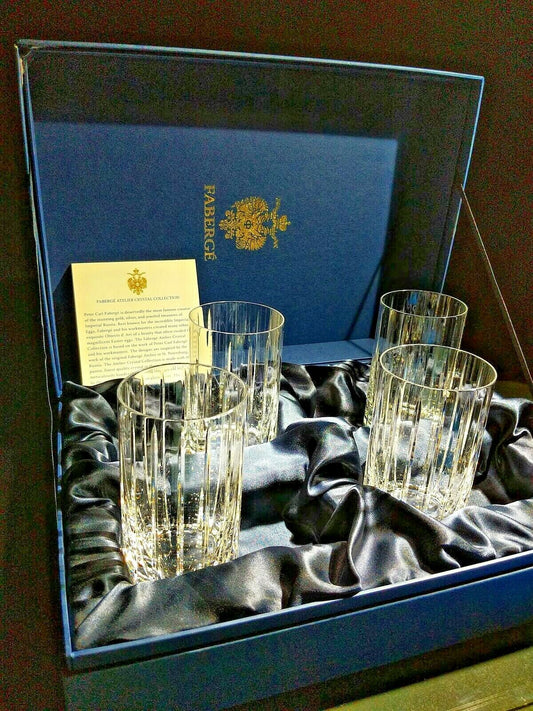 Faberge Atelier Crystal Collection  Highball Glasses set of 4 NIB  5 1/4" H x 2 7/8" W