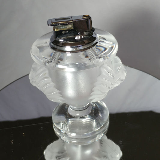 Lalique Crystal Tete De Lion Cigarette Lighter and Match Holder Set
