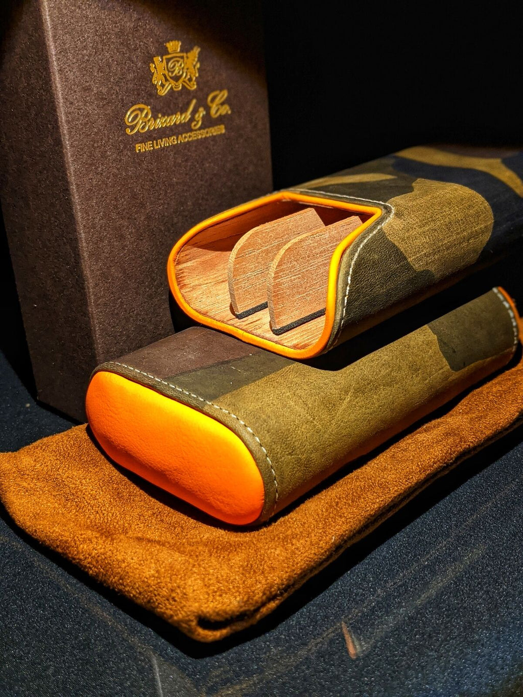 Brizard and Co Camouflage and Orange Leather Carrying case, cutter and lighter