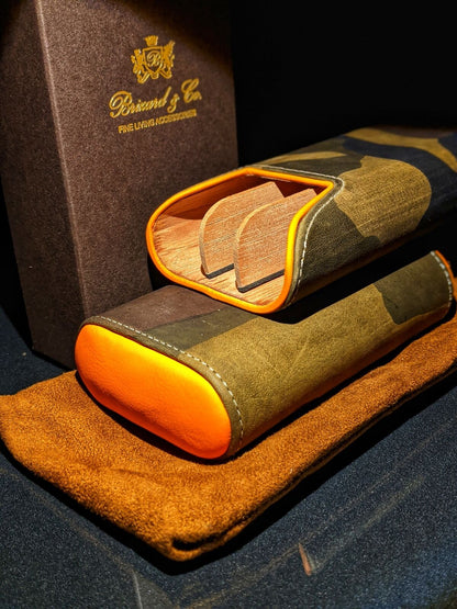 Brizard and Co Camouflage and Orange Leather Carrying case, cutter and lighter