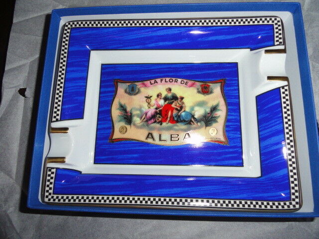 Elie Bleu Alba Porcelain Blue Ashtray with Gold Plated Rests