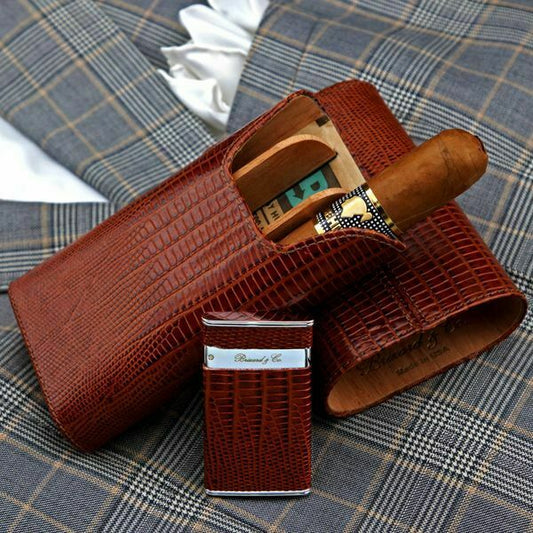 Brizard and Co  "Show Band" 3 Cigar Case & Lighter Combo - Lizard Pattern USA