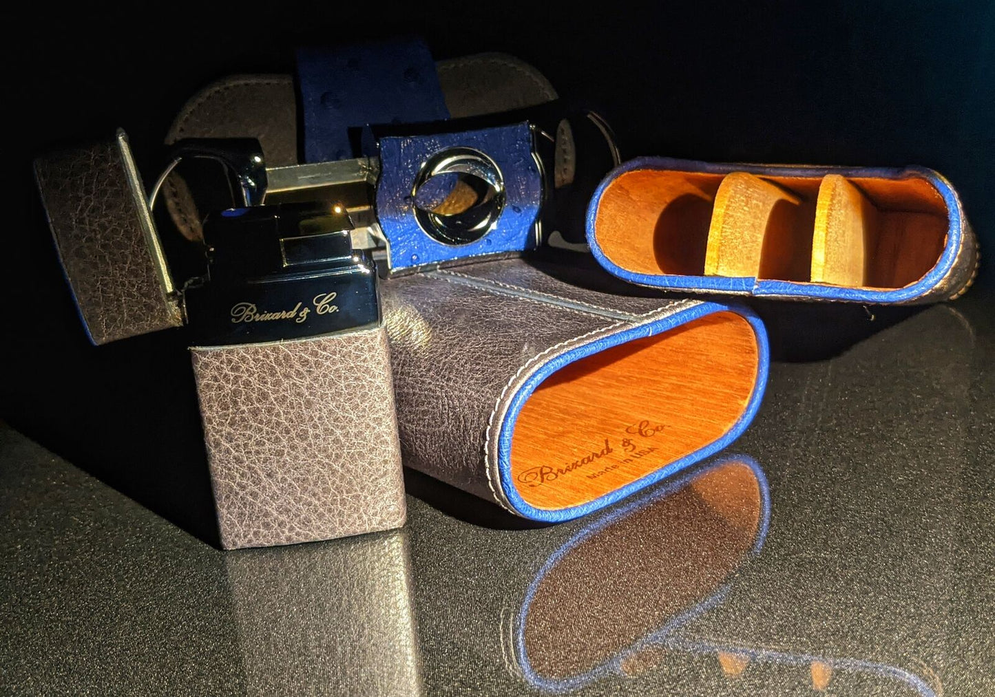 Brizard and Co Blue Ostrich and Grey Leather  Case, Cutter and Lighter Combo