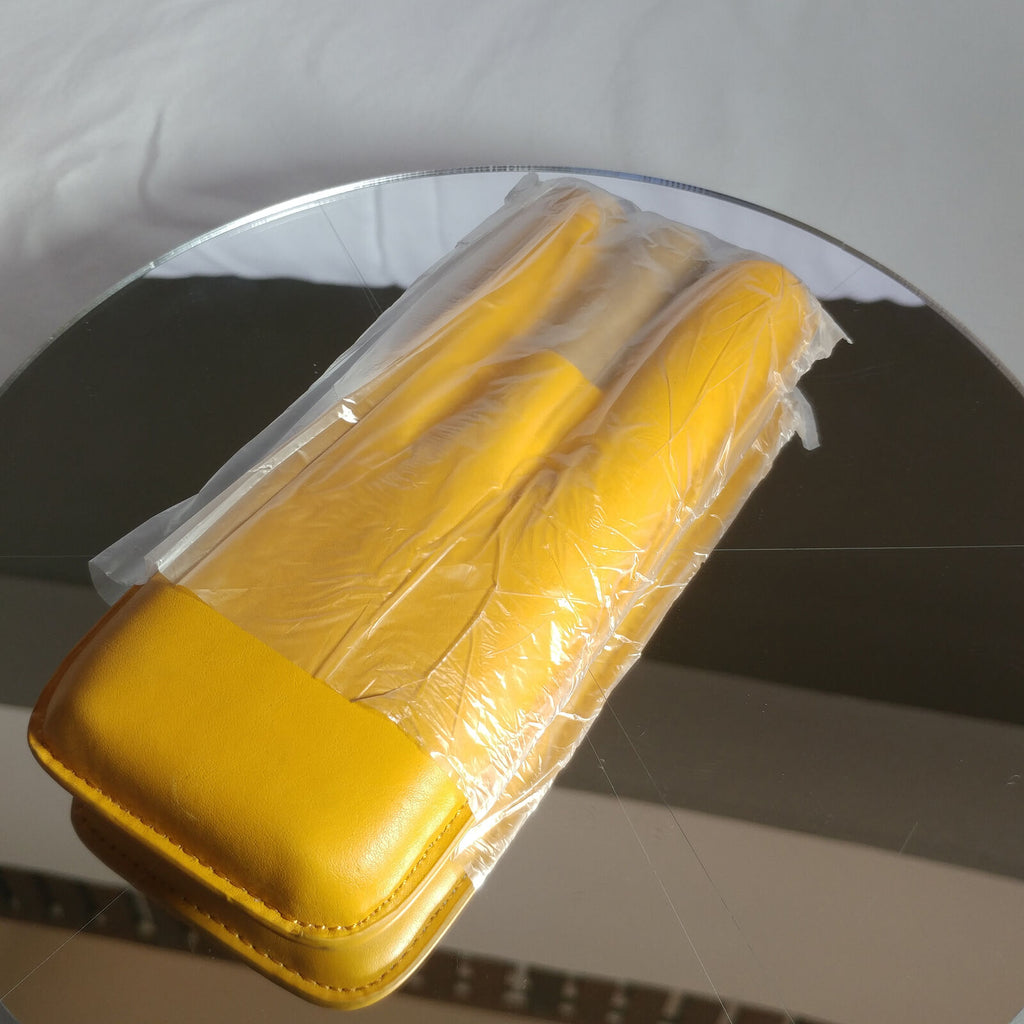 YELLOW LEATHER CIGAR CASE w/BLACK BAG | 2 CIGAR HOLDER