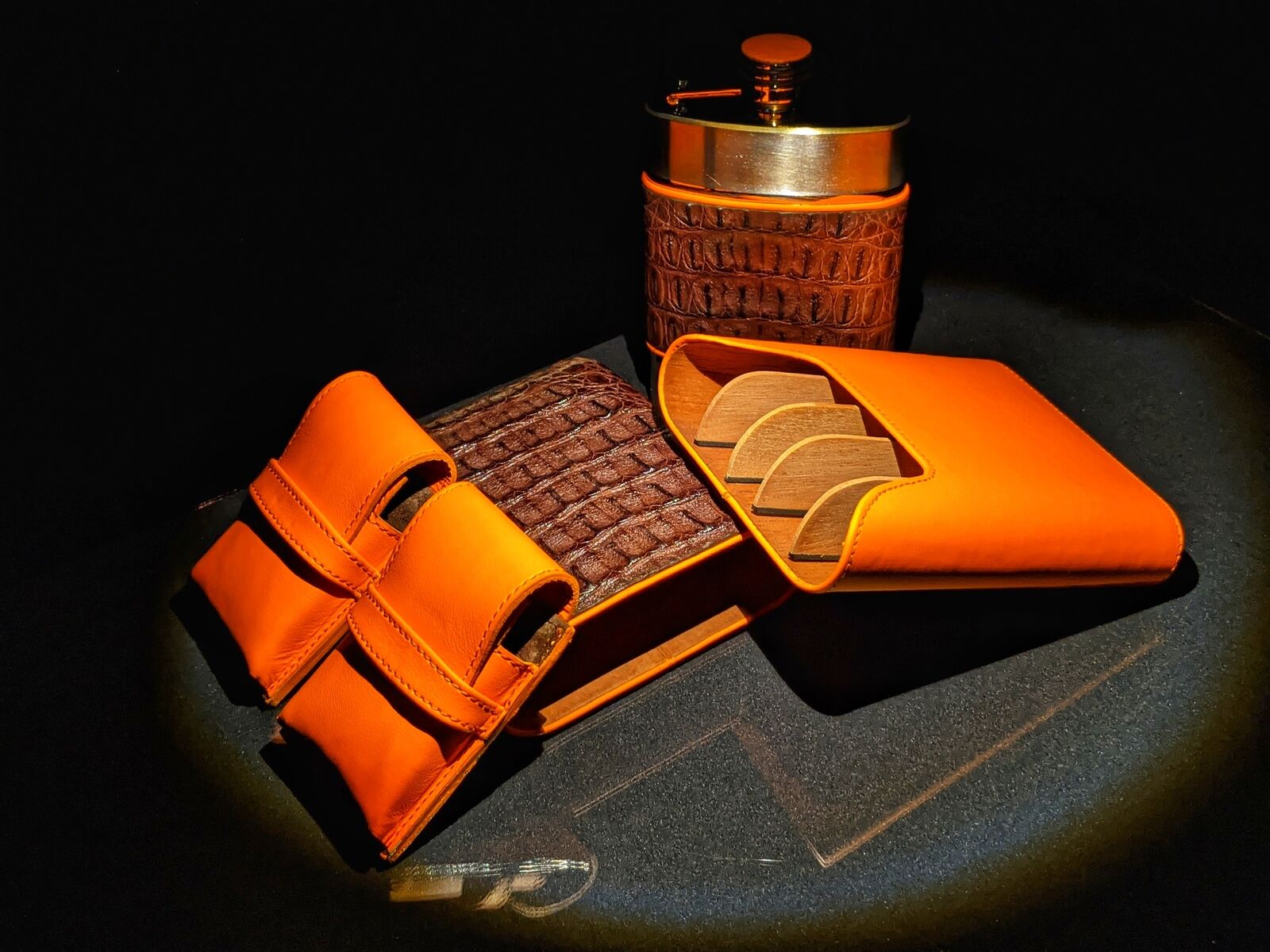Brizard and Co Brown Caiman and Orange Leather Traveler