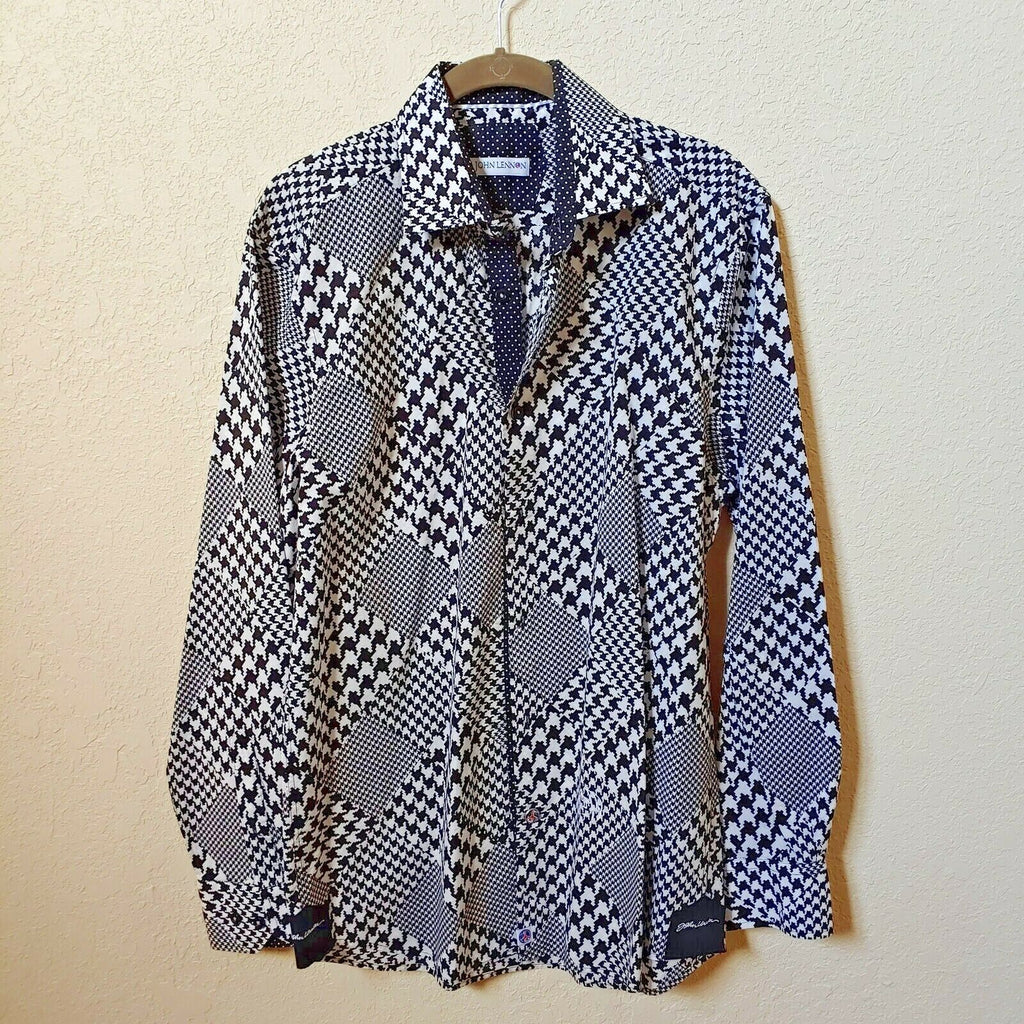 John Lennon | Men's Black and White Patterned Longsleeve Buttondown Casual Shirt