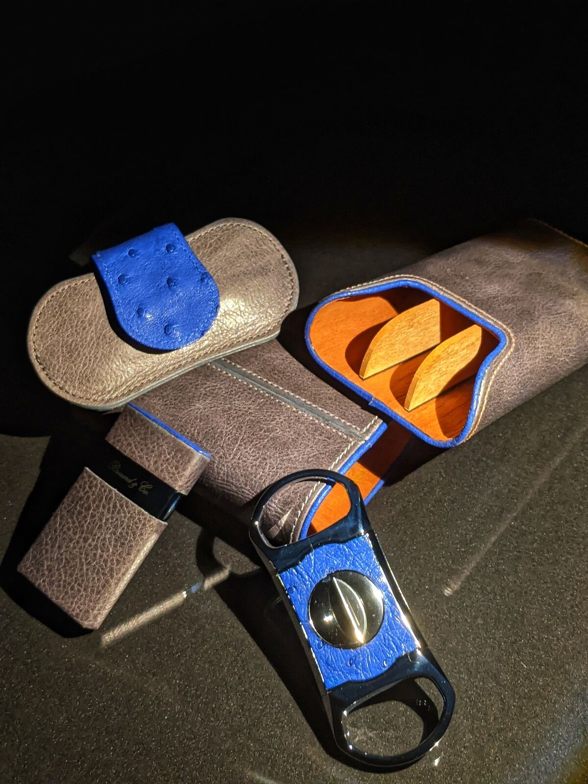 Brizard and Co Blue Ostrich and Grey Leather  Case, Cutter and Lighter Combo