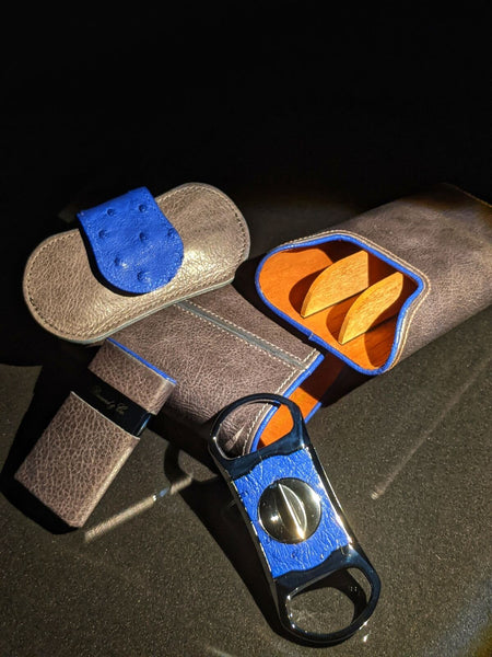 Brizard and Co Blue Ostrich and Grey Leather  Case, Cutter and Lighter Combo