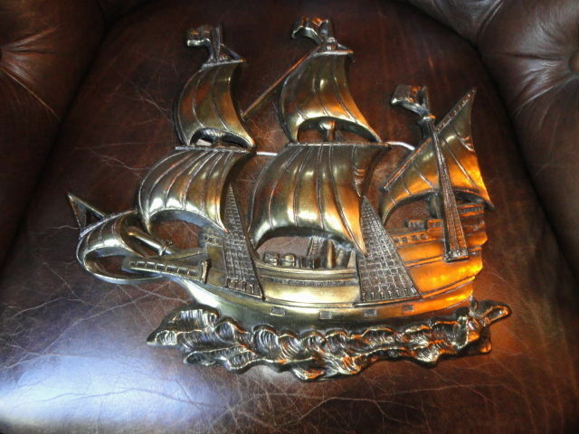 Brass Wall Plaque of Sailing Ship 15 " across by 13.25" H
